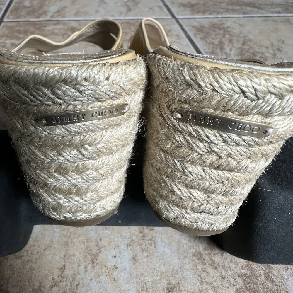 Jimmy Choo Paisley Crisscross Slide Sandal Espadrille Beige Patent Wedge Size 40